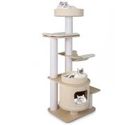 COSTWAY Cat Tree, Tall Multi-Layer Cats Tower with Comfy Padded Top Perch, Private Condo, Detachable Mats & Scratching Posts, Kitten Activity Center for Indoor Cats (Natural + White, 151cm Tall)
