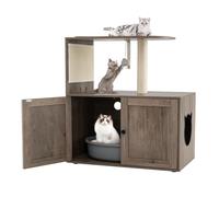 COSTWAY Cat Tree with Litter Box Enclosure, 2 in 1 Cats House with Sisal Scratching Post & Mat, Dangling Ball, Wooden Cat Tower Hidden Kitty Washroom