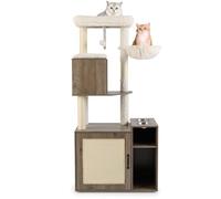 COSTWAY Cat Tree with Litter Box Enclosure, Cats Climbing Tower with Sisal Scratching Post & Mat, Dangling Ball, 2 Feeding Bowls, Wooden Hidden Kitty Washroom (Oak Grey)