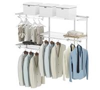 COSTWAY Closet Organiser System, Wall-Mounted Adjustable Metal Rail Garment Rack, Space Saving Clothes Storage Unit for Wardrobe and Bedroom (3 Hanging Rods + 4 Storage Shelves, White)