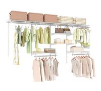 COSTWAY Closet Organiser System, Wall-Mounted Adjustable Metal Rail Garment Rack, Space Saving Clothes Storage Unit for Wardrobe and Bedroom (5 Hanging Rods + 7 Storage Shelves, White)