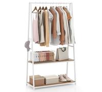 COSTWAY Clothes Rail, Freestanding Garment Rack Clothes Stand with Hanging Rail, 2 Storage Shelves and 4 Hooks, Heavy-duty Metal Frame Clothing Rack Coat Hanger for Bedroom Closet (White+Natural)