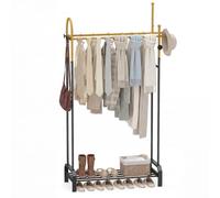 COSTWAY Clothes Rail, Heavy Duty Metal Clothes Rack Garment Stand with Double Hanging Rails, 5 Hooks & Bottom Storage Shelf, Freestanding Coat Hanger Clothing Organiser for Bedroom Hallway, Gold+Black