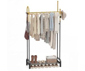 COSTWAY Clothes Rail, Heavy Duty Metal Clothes Rack Garment Stand with Double Hanging Rails, 5 Hooks & Bottom Storage Shelf, Freestanding Coat Hanger Clothing Organiser for Bedroom Hallway, Gold+Black