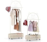 COSTWAY Clothes Rail on Wheels, 130/150/182cm Garment Rack Clothes Stand with Single Rail & Basket, Heavy Duty Clothing Rack Coat Hanger Storage Organiser Unit for Bedroom Hallway Kids Room (Beige)