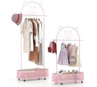 COSTWAY Clothes Rail on Wheels, 130/150/182cm Garment Rack Clothes Stand with Single Rail & Basket, Heavy Duty Clothing Rack Coat Hanger Storage Organiser Unit for Bedroom Hallway Kids Room (Pink)