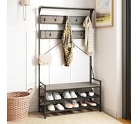 Costway Coat Rack 184 Cm Tall Hall Tree With 11 Hanging Hooks & Shoe Bench-Grey