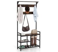 COSTWAY Coat Rack Stand, 3-in-1 Industrial Shoe Bench Storage Shelf with 9 Removable Hooks, Freestanding Hall Tree Clothes Hanger Unit for Living Room Bedroom Hallway Entryway (2 Long+1 Short Shelves)