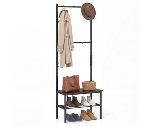 COSTWAY Coat Rack with Shoe Storage Bench, Freestanding Hall Tree Coat Stand with Hooks and Storage Shelf, Industrial Metal Frame Narrow Clothes Rack Hanger for Hallway Bedroom, 60x30x166cm