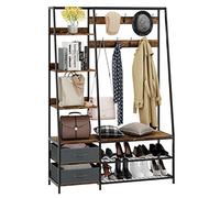 COSTWAY Coat Rack with Shoe Storage, Freestanding Hall Tree Coat Stand with Bench and 9 Hooks, Metal Frame Clothes Rail Garment Hanger Unit for Bedroom Hallway Entryway (6 Side Shelves with 2 Drawers)