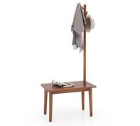 COSTWAY Coat Rack with Side Table, Freestanding Hall Tree Clothes Stand with 4 Hooks, Solid Wood Clothes Rack Hat Coat Hanger Storage Organiser Unit for Bedroom, Hallway and Entryway, 76x43x168cm