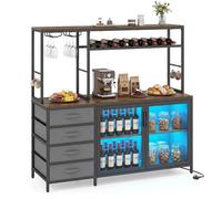 Costway Coffee Bar Cabinet Liquor Storage Cabinet w/Charging Station&LED Light in Brown COSTWAY Brown