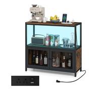 Costway Coffee Bar Cabinet With Led Lights Industrial Buffet Sideboard With Charging Station Rustic Brown