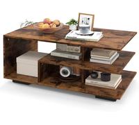 Costway Coffee Table 3-Tier Rectangular Center with L-Shaped Middle Shelf-Rustic Brown