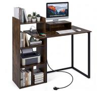 Costway Computer Desk With Charging Station 110Cm Home Office Writing Desk With Monitor Stand-Rustic Brown