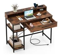 Costway Computer Desk With Power Outlets Home Office Desk With Top Shelf-Rustic Brown