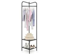 COSTWAY Corner Coat Rack Stand, Freestanding Hall Tree Clothes Stand with Hanging Rail and 2 Mesh Storage Shelves, Metal Frame Garment Rack Clothing Hanger Organiser for Hallway Bedroom Closet, Black