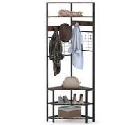 COSTWAY Corner Coat Rack Stand with Shoe Storage Bench, 183cm Freestanding Hall Tree with 12 Metal Hooks and Shelves, Metal Frame Clothes Rack Hanger Organiser for Hallway Bedroom Closet, Rustic Brown