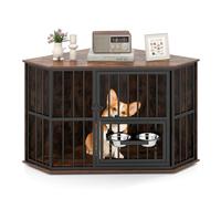 COSTWAY Corner Dog Crate Furniture, Indoor Wooden Dogs Kennel Side Table with Adjustable Feeder, 2 Stainless Steel Bowls & Lockable Door, Heavy-Duty Pet House for Small Medium Large Puppies