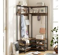 Costway Corner Garment Rack L-Shaped Clothes Rack W/ 7 Hooks Shoe Bench
