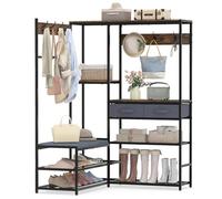 COSTWAY Corner Hall Tree, Coat Rack Stand with Shoe Storage Bench, Shelves | 2 Drawers, 7 Hooks, Padded Seat, Industrial Metal Frame Freestanding L-Shaped Garment Clothes Rack, for Hallway Bedroom