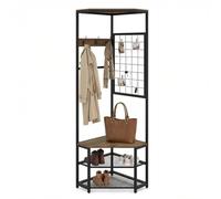 COSTWAY Corner Hall Tree Coat Rack Stand with Shoe Storage Bench, Shelves | Hooks, Metal Frame, 4-in-1 Industrial Freestanding Entryway Clothes Rack Hanger Unit, for Hallway Bedroom, Rustic Brown+Black