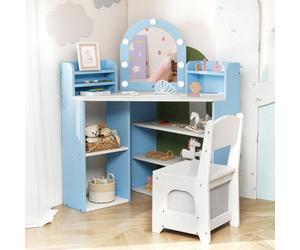Costway Corner Kids Vanity Set With Lights Dressing Table & Chair For Children-Blue