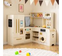 Costway Corner Kitchen Playset Wooden Kids Pretend Play Kitchen W/ Lights & Sounds-Beige