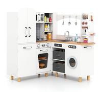 Costway Corner Play Kitchen Kids Wooden Kitchen Playset Double-Door Fridge in White COSTWAY White