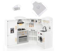 Costway Corner Play Kitchen Toddler Kitchen Playset Wooden Toy Kitchen W/ Sink & Washing Machine in White COSTWAY White