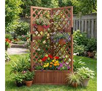 Costway Corner Raised Garden Bed With Lattice Trellises Elevated Wooden Planter Box-Brown