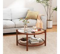 Costway Coswtay 78Cm Round Coffee Table Solid Wood Circle Table W/tempered Glass Top