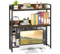 Costway Desktop Bookshelf 2-Tier Rustic Desk Hutch W/ Pegboard-Brown