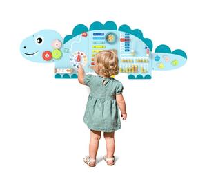 Costway Dinosaur Activity Wall Busy Board Panels For Toddlers Montessori Wooden Sensory Board For Education-Blue
