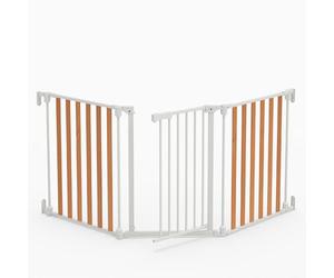 COSTWAY Dog Gate, 74.5-198cm Extra Wide Stair Gate with 2-Way Door Swing, Dual-Lock System, 3 Panels Metal Baby Gates for Doorways, Stairs (White+Natural)