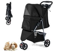COSTWAY Dog Stroller, 3 Wheels Foldable Dogs Pushchair Cats Pram with Adjustable Canopy, Storage Basket, Cup Holder, Pet Travel Buggy for Small Dog Cat (Black)