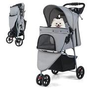 COSTWAY Dog Stroller, 3 Wheels Foldable Dogs Pushchair Cats Pram with Adjustable Canopy, Storage Basket, Cup Holder, Pet Travel Buggy for Small Dog Cat (Grey)