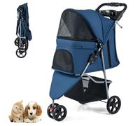 COSTWAY Dog Stroller, 3 Wheels Foldable Dogs Pushchair Cats Pram with Adjustable Canopy, Storage Basket, Cup Holder, Pet Travel Buggy for Small Dog Cat (Navy)