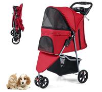COSTWAY Dog Stroller, 3 Wheels Foldable Dogs Pushchair Cats Pram with Adjustable Canopy, Storage Basket, Cup Holder, Pet Travel Buggy for Small Dog Cat (Red)