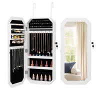COSTWAY Door/Wall-Mounted Jewellery Cabinet, Mirror with Storage, White | Lockable Mirrored Jewelry Armoire for Bedroom, Over Door Hanging Cosmetics Jewellery Organiser for Earrings, Necklaces, Rings