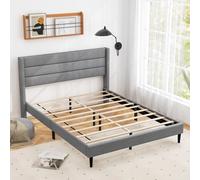 Costway Double Bed Frame Linen Upholstered Platform Bed W/ Headboard-Grey