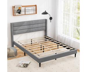 Costway Double Bed Frame Linen Upholstered Platform Bed W/ Headboard-Grey