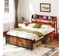 Costway Double Bed Frame w/LED Lights & Power Outlets Platform Bed w/Headboard in Black COSTWAY Black
