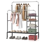 COSTWAY Double Clothes Rail, Height Adjustable Metal Garment Rack Clothes Stand with Storage Shelf, Display Coat Hanger Clothing Hanging Rails for Bedroom (with 3-Tier Shelves and 4 Wheels, Silver)