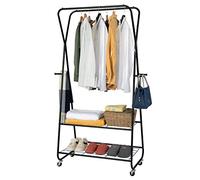 COSTWAY Double Clothes Rail on Wheels, Metal Heavy Duty Garment Clothes Rack with 2 Hanging Rails, 2 Shelves and 4 Hooks, Mobile Coat Clothing Hanger Storage Organiser Stand for Bedroom Hallway