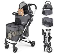 COSTWAY Double Pet Stroller, 4 in 1 Foldable Dog Pushchair with 2 Detachable Carriers, Mesh Windows, Sun Shade, Storage Basket, Pets Travel Buggy for Cats, Small and Medium Dogs (Dark Grey)
