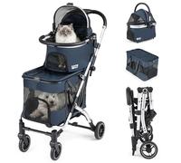 COSTWAY Double Pet Stroller, 4 in 1 Foldable Dog Pushchair with 2 Detachable Carriers, Mesh Windows, Sun Shade, Storage Basket, Pets Travel Buggy for Cats, Small and Medium Dogs (Navy Blue)