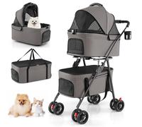 COSTWAY Double Pet Stroller, 4 Wheels Foldable Dog Pushchair Cat Buggy with 2 Detachable Carriers, Adjustable Canopy, Mesh Openings & Safety Leash, Lightweight Pet Pram for Small Dog Cat (Grey)