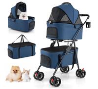 COSTWAY Double Pet Stroller, 4 Wheels Foldable Dog Pushchair Cat Buggy with 2 Detachable Carriers, Adjustable Canopy, Mesh Openings & Safety Leash, Lightweight Pet Pram for Small Dog Cat (Navy)