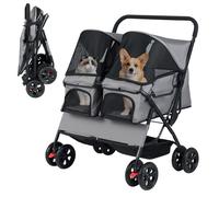 COSTWAY Double Pet Stroller, Foldable Dog Travel Pushchair Cat Buggy with 2 Carriers, Adjustable Sunshade, Removable Pad, Storage Basket, 4-Wheel Pet Travel Cart (Grey)